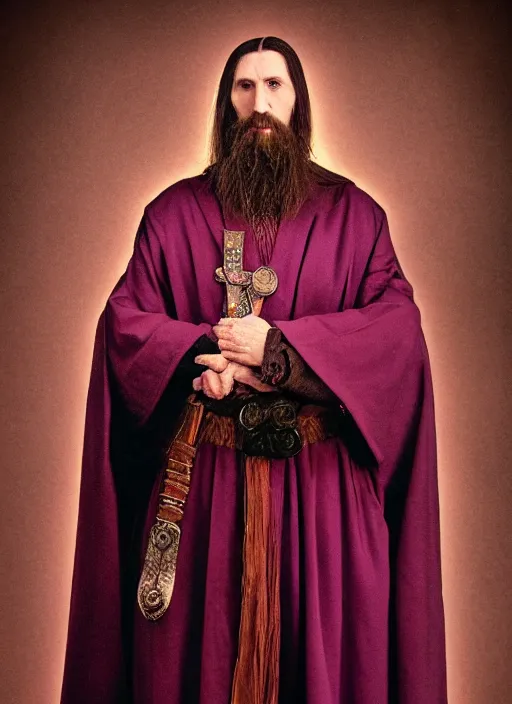 Prompt: full body portrait of a 30 year old RASPUTIN in a STOIC POSE, wearing a highly detailed deep purple and crimson robe with cloak with gold filgree. Sword on Rasputin's back. Cinematic dynamic lighting with backlight. ACTION POSE. portrait by Annie Leibovitz