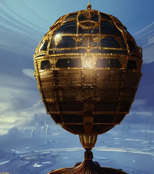 Prompt: enormous flying city in a faberge egg, sky, steampunk, fantasy art, masterpiece, unreal engine