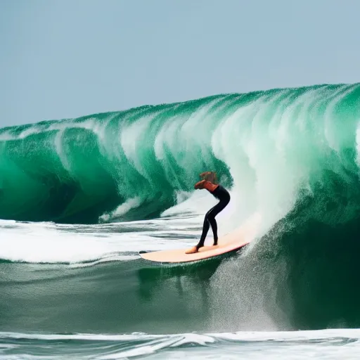 Image similar to professional photo of a surfer on a huge wave, summer season, 8 k