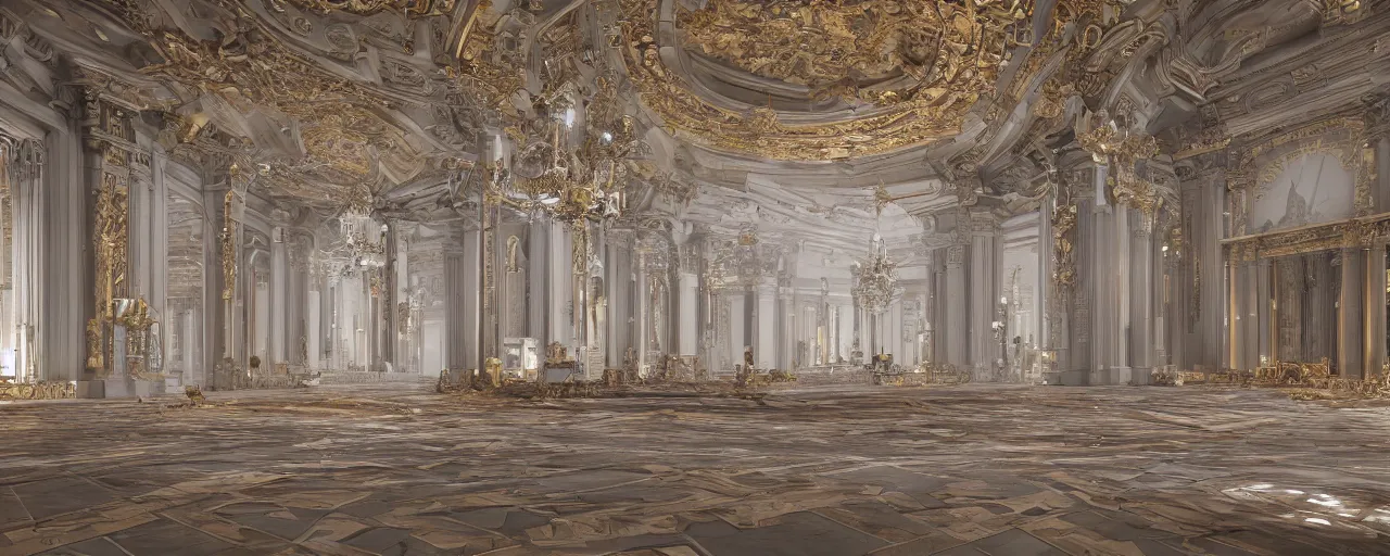 Prompt: futuristic baroque, interior, big open floor, 3 d v - ray photo realistic, ambient aclution, 8 k