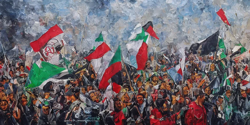 Image similar to dramatic oil painting of freedom for palestine, red green white black