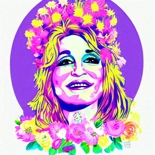 Prompt: flower child, Dolly Parton, graphic design, pastels