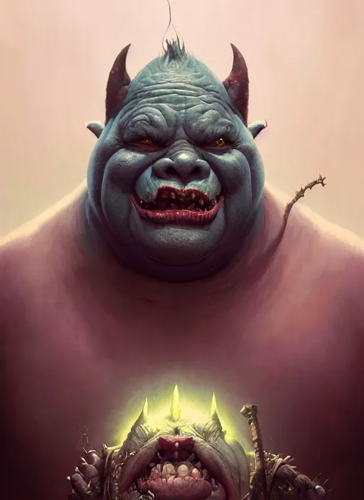 Image similar to highly detailed portrait of a evil very fat obese orc goblin, horror, creepy, unreal engine, fantasy art by greg rutkowski, loish, rhads, ferdinand knab, makoto shinkai and lois van baarle, ilya kuvshinov, rossdraws, tom bagshaw, alphonse mucha, global illumination, radiant light, detailed and intricate environment