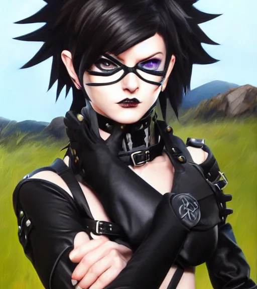 prompthunt: oil painting of tracer overwatch in a field wearing large  leather belt choker around neck, in style of mark arian, expressive face,  detailed face, detailed eyes, full body, feminine face, tracer