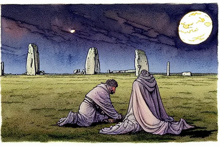 Prompt: a realistic and atmospheric watercolour fantasy concept art of a metallic ufo landing in a large stonehenge. medieval monk in grey robes on his knees praying. a crescent moon in the sky. muted colors. by rebecca guay, michael kaluta, charles vess and jean moebius giraud