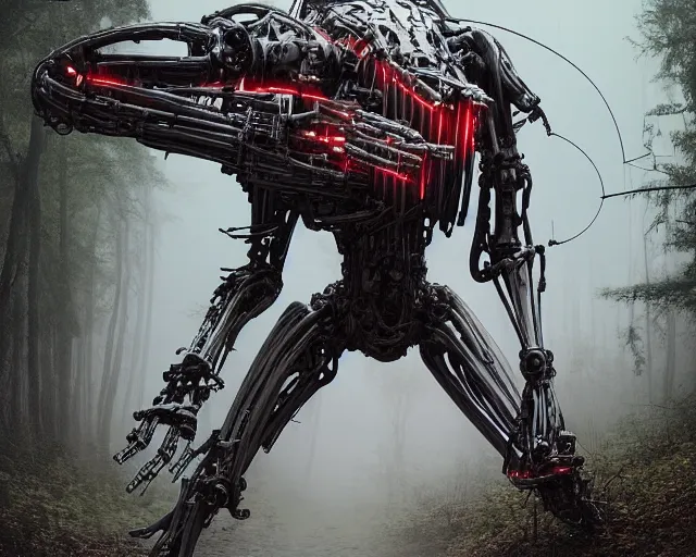 Image similar to photo of a terminator general grievous with heavy duty biomechanical hydraulic cybernetic body and 4 drawn lightsabers in the forest. cyberpunk horror style. highly detailed 8 k. intricate. nikon d 8 5 0 5 5 mm. award winning photography. art by hr giger and zdzislaw beksinski in the style of hzd