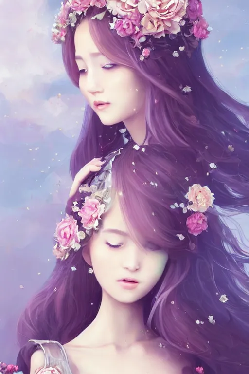 Image similar to romantic and fashion and love princess of the flower with sheath dress, 8 k realistic, teenager girl, baroque, symmetrical, flowing hair, smile, trending pinterest and pixiv, muted colors, hyperrealistic, l close up shot, character concept art, face by kyoung hwan kim, alexandra fomina, ilya kuvshinov