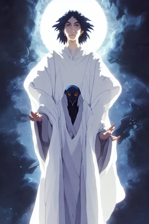 Image similar to raven headed warlock doing magic spells wind, white robes, finely detailed perfect face, exquisite details, mid view, design on a white background, by studio muti, greg rutkowski makoto shinkai takashi takeuchi studio ghibli