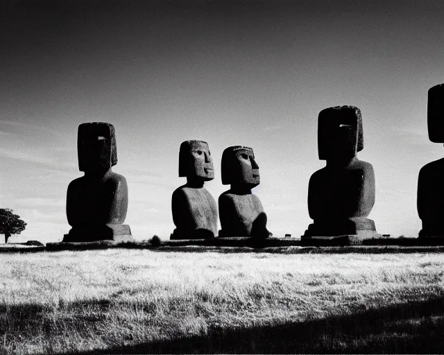 Prompt: black and white noir film with moai