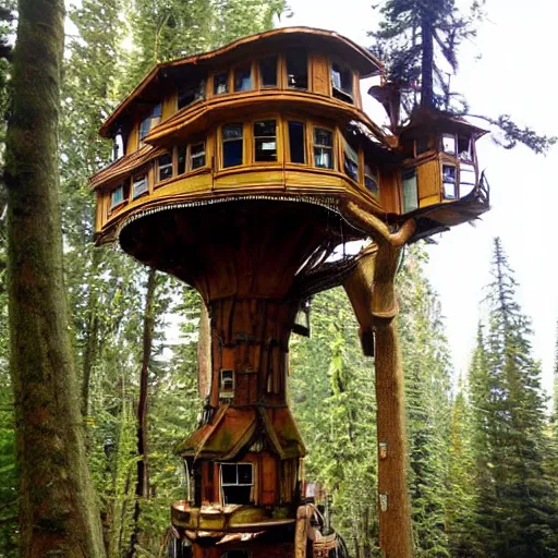 Prompt: Steampunk treehouse in the Pacific Northwest