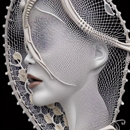 Prompt: complex 3d render ultra detailed of a beautiful porcelain pattern, biomechanical pattern, analog, 150 mm lens, beautiful natural soft rim light, big leaves and stems, roots, fine foliage lace, silver dechroic details, massai warrior, Alexander Mcqueen high fashion haute couture, pearl earring, art nouveau fashion embroidered, steampunk, intricate details, mesh wire, mandelbrot fractal, anatomical, facial muscles, cable wires, microchip, elegant, hyper realistic, ultra detailed, octane render, H.R. Giger style, volumetric lighting, 8k post-production