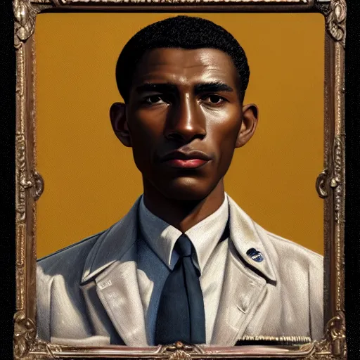 Prompt: A Hearts of Iron IV portrait of an African American young man with high cheekbones. Good bone structure. Dressed in 1940s style. Highly detailed, fine Art, high detail, great lighting, 8k resolution, masterpiece, concept art, illustration, clear eyes, painting oil on canvas, octane render, HDR, trending on artstation, 4k, 8k, HD