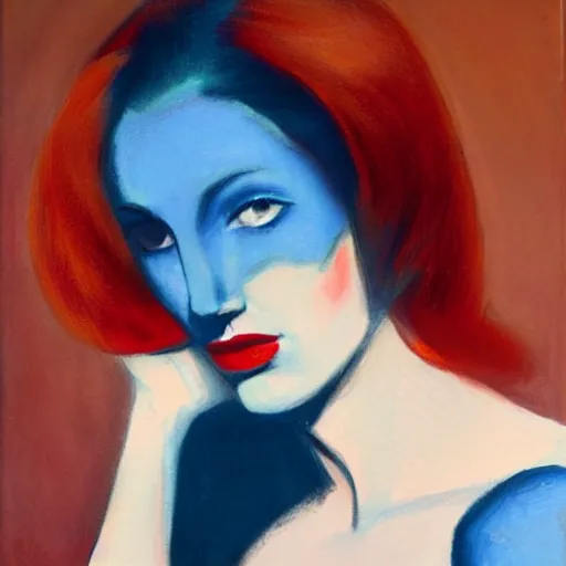 Prompt: Female model, red hair, coral lips, blue shadow, Edward Hopper style