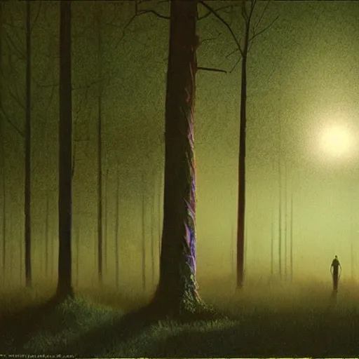 Image similar to stand by me movie still, night time forest with a ufo sitting in the fog, scary, matte detailed photo, DeviantArt, Artstation, by donato giancola, ralph horley, loish, ufo lighting
