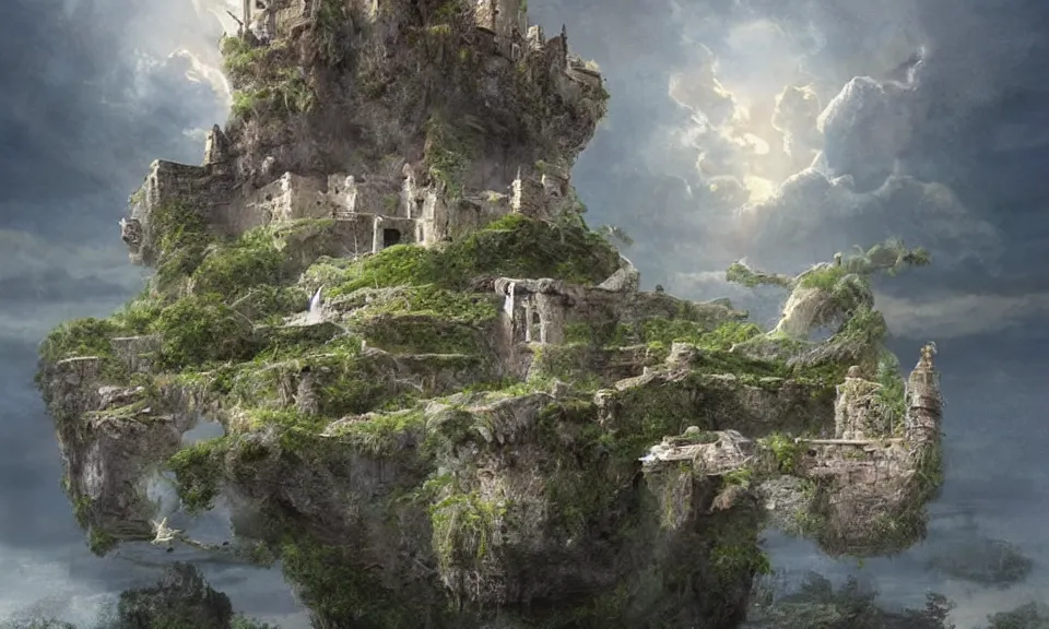 Image similar to a floating island in the stratosphere with the ruins of a small castle and a single suspension bridge leading to it, stunning digital illustration, by james gurney, cinematic lighting, very detailed, mystical, beautiful and mysterious