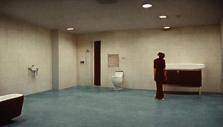 Image similar to 70s movie still of a empty very large bathroom, cinestill 800t Technicolor, heavy grain, high quality, criterion collection, liminal space style