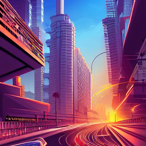 Prompt: mumbai in the future, city streets, golden hour, distopian fantasy, photorealistic artwork trending on pixiv