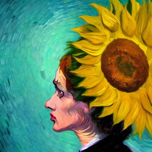 Image similar to closeup, giant sunflower head, woman standing in a room, surreal, dramatic light, impressionist painting, digital painting, artstation, van gogh