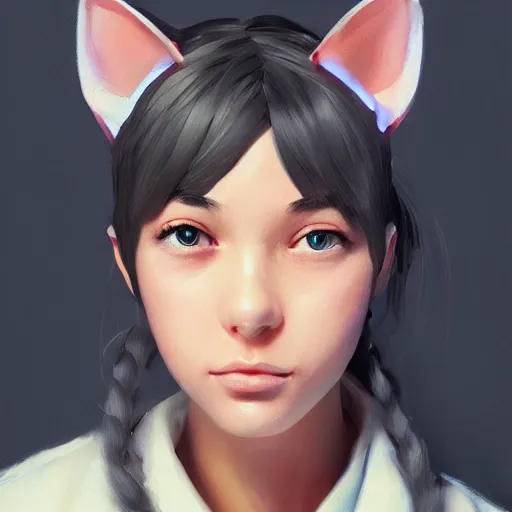 Image similar to girl with cat ears wearing a labcoat in a biology lab, microscope on table, expressive oil painting, trending on artstation, sunlit, octane render, brushstrokes, beautiful face portrait, beautiful lighting