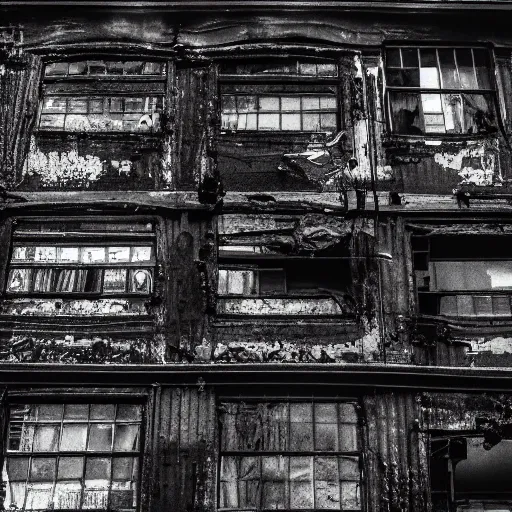 Image similar to mysterious black slime, black gooey liquid covering city buildings, buildings covered in black liquid rubber, apocalyptic, ruined, 8 5 mm f / 1. 4