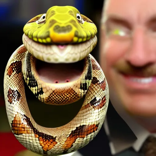 Image similar to a snake oil salesman that is also a grinning anthropomorphic snake