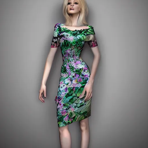 Image similar to beautiful blonde lady in a 3D flower dress , hyperrealistic, ultra detailed, octane render, symmetric, 3d, majestic, dark fantasy, intricate