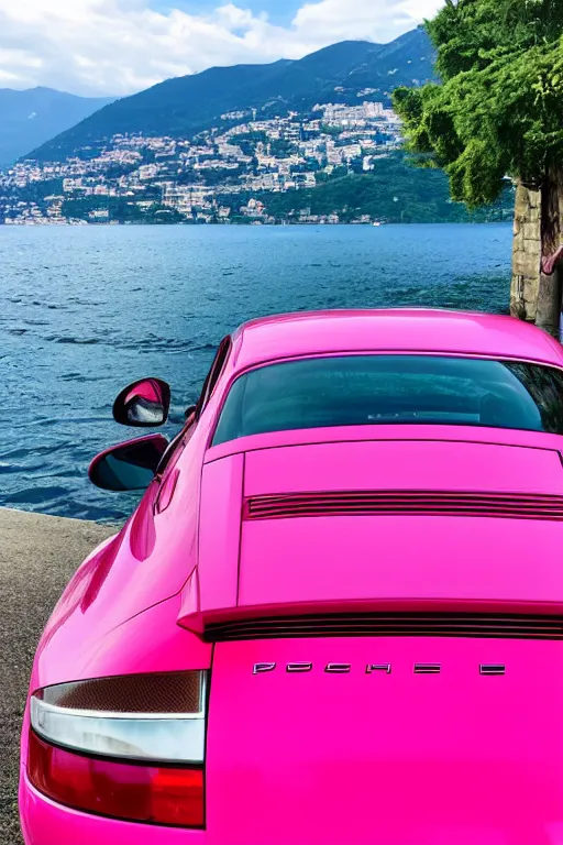 Prompt: Photo of a pink Porsche 911 Carrera 3.2 parked on a dock with Lake Como in the background, wide shot, rear view, daylight, blue sky, vibrant, dramatic lighting, award winning