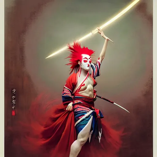 Image similar to an insane kabuki warrior wielding a spear while emitting a visible aura of madness, intricate hakama, red wig, crossed eyes, hazy atmosphere, high energy, in the style of jeremy lipking and peter mohrbacher,