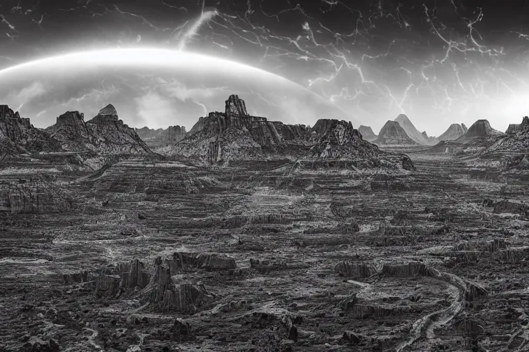 Image similar to aliens invading earth in the style of ansel adams, black and white, old, master photography