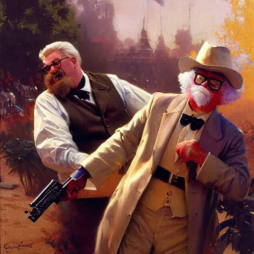 Prompt: colonel sanders killing donald mcdonald with gun, highly detailed painting by gaston bussiere, craig mullins, j. c. leyendecker, 8 k