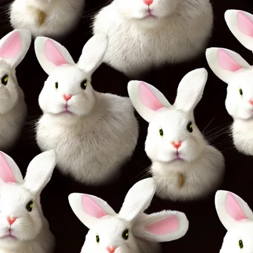 Image similar to a pile of cute rabbits colored in white with nougat spots, ears up and few ears down