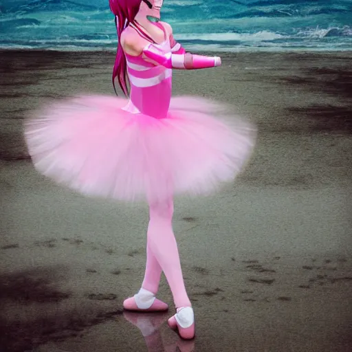 Image similar to hisoka wearing a pink tutu ballet dress with a shiny chrome sword in his hand while standing on a rainy beach with girls in colorfull bikini ‘ s in the back, anime style, 4 k, high detail, minimalistic,
