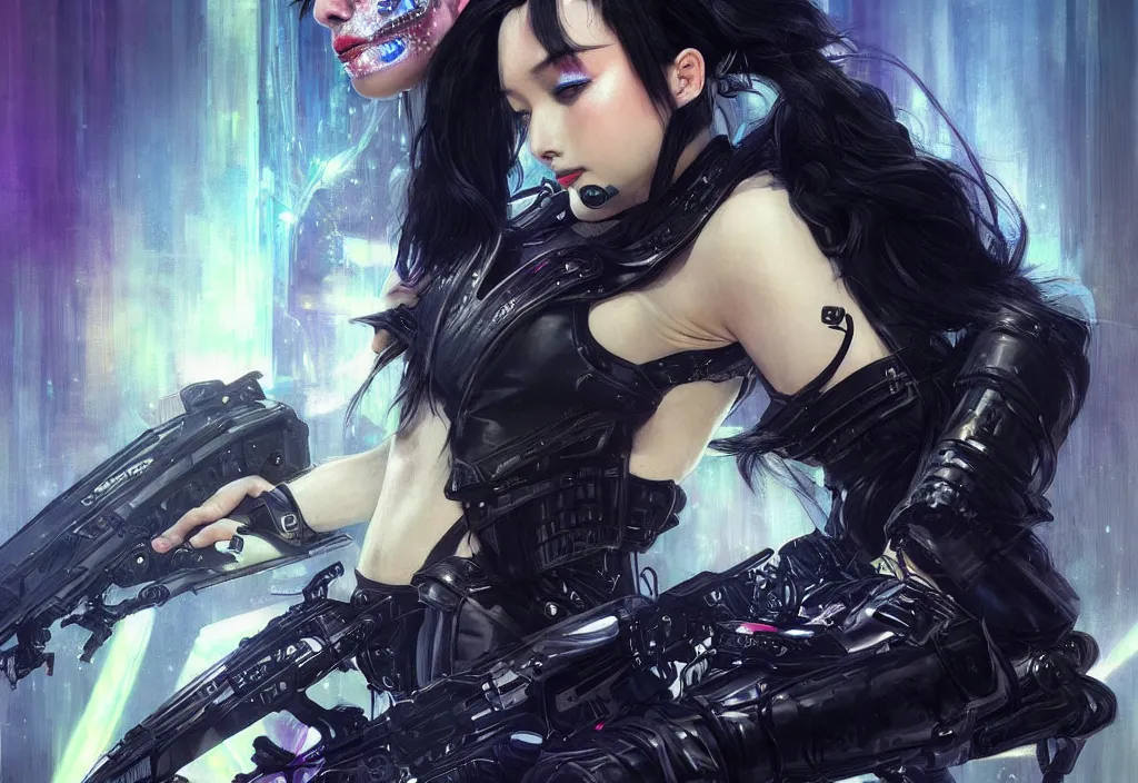 Image similar to portrait black hair of futuristic female police, black armored uniform, tatoo, at rooftop futuristic colorpunk tokyo neon flash night, ssci - fi and fantasy, intricate and very very very beautiful, highly detailed, digital painting, artstation, concept art, smooth and sharp focus, illustration, art by tian zi and wlop and alphonse mucha, frostbite engine