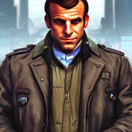 Image similar to [Flamboyant Macron as GTA character, propaganda, closeup, D&D, intricate, elegant, highly detailed, digital painting, artstation, concept art, matte, sharp focus, illustration, art by Artgerm and Greg Rutkowski and Alphonse Mucha]