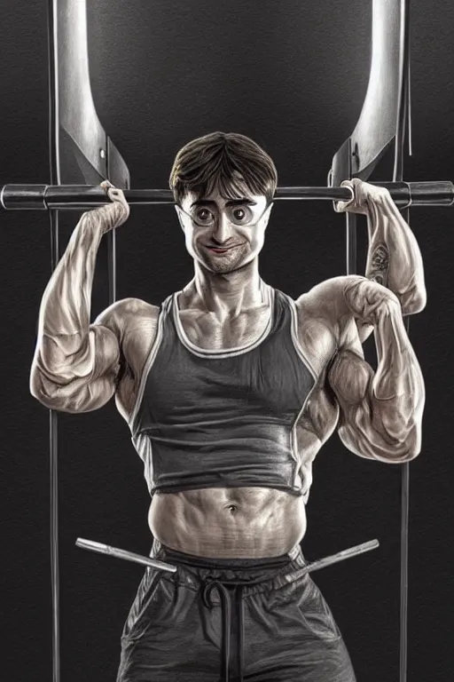 Image similar to highly detailed rendering of Daniel Radcliffe as Harry Potter doing barbell back squats, dingy gym, wearing a muscle tee shirt, symmetrical, highly detailed, digital painting, artstation, concept art, smooth, sharp focus, illustration, cinematic lighting, art by artgerm and greg rutkowski and alphonse mucha