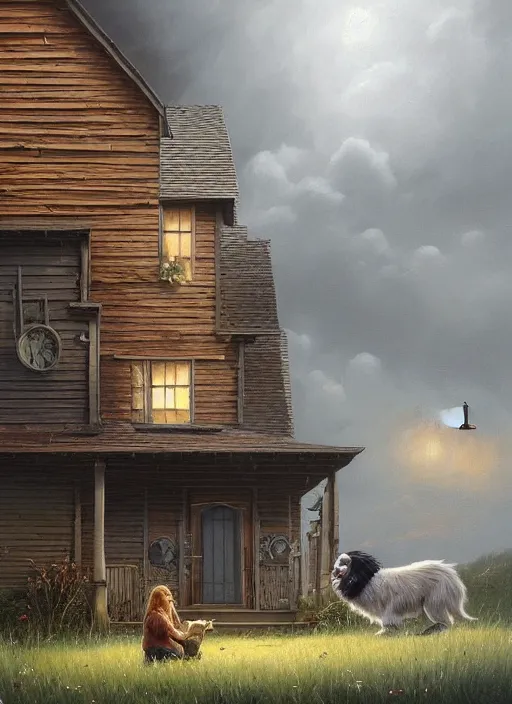 Prompt: highly detailed hyperrealistic painting of a blonde long - haired hillbilly in front of old style house, with his fluffy black and gray australian shepherd, stephen bliss, art by greg rutkowski, loish, rhads, ferdinand knab, makoto shinkai and lois van baarle, tom bagshaw, global illumination, artstation