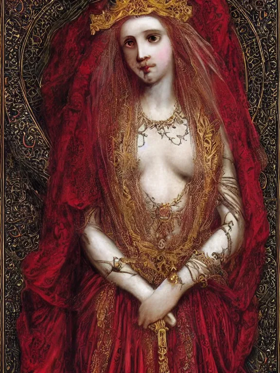 Image similar to a beautiful render of a catholic veiled red queen with symmetry intricate detailed ,heart sculpture,by Lawrence Alma-Tadema,,aaron horkey,Billelis,trending on pinterest,hyperreal,jewelry,gold,intricate,maximalist,glittering,golden ratio,cinematic lighting