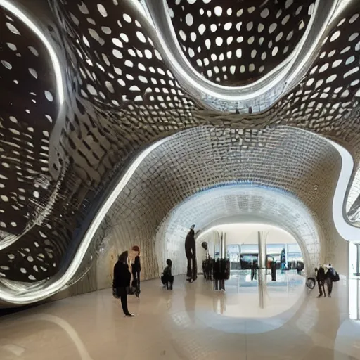 Prompt: extremely detailed ornate stunning beautiful futuristic museum lobby interior by Zaha Hadid