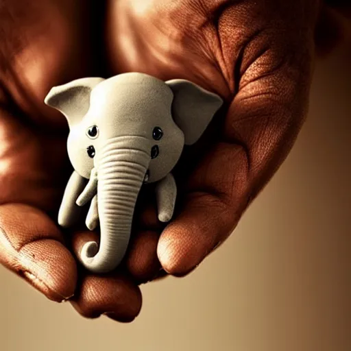 Image similar to tiny elephant in the palm of a hand perfect composition dynamic lighting realistic