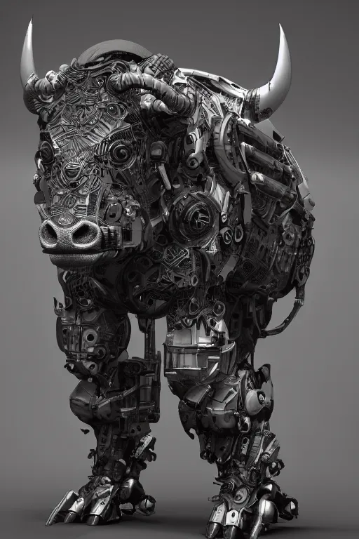 Image similar to a full body shot of a cyborg ( bull ) modeled after a bull looking into the camera, android, cyborg, full body shot, intricate, 3 d, hyper realism, fantasy, depth of field, octane render, symmetrical, highly detailed, digital art, artstation, concept art, cinematic lighting, trending