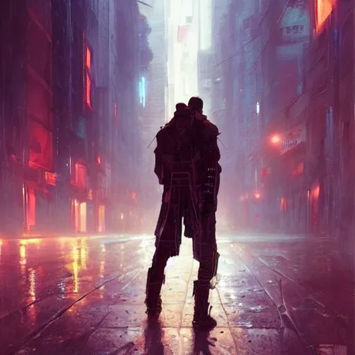 Image similar to a wanderer in a cyberpunk city, dramatic lighting, city background, night, chiaroscuro, high detail, painted by greg rutkowski, painted by igor kieryluk, painted by raymond swanland, trending on artstation