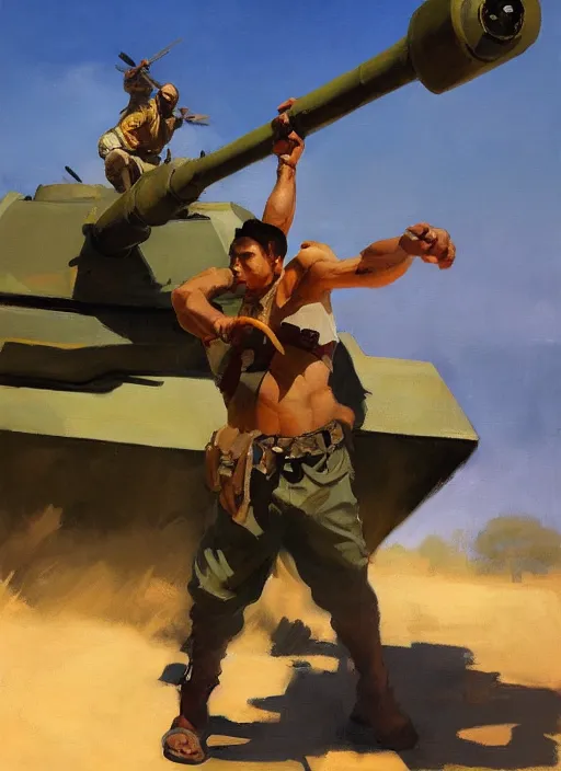 Image similar to greg manchess side portrait of a filipino fighter with a staff standing in front of a tank, organic painting, sunny day, matte painting, bold shapes, hard edges, street art, trending on artstation, by huang guangjian, gil elvgren, ruan jia, randy vargas, greg rutkowski