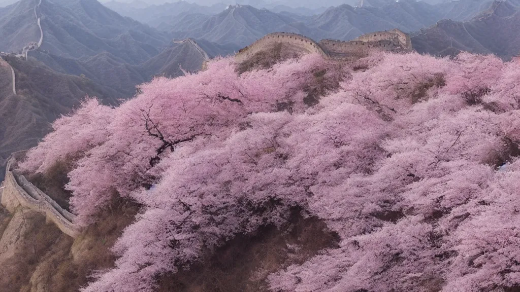 Prompt: arial view of pink cherry blossom trees growing in the great wall of china, andreas achenbach, artgerm, mikko lagerstedt, zack snyder, tokujin yoshioka