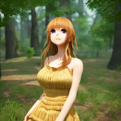 Image similar to Render of a very beautiful 3d anime girl, long hair, hazel eyes, cute freckles, full round face, short smile, cute sundress, golden hour, serene forest setting, medium shot, mid-shot, highly detailed, trending on Artstation, Unreal Engine 4k