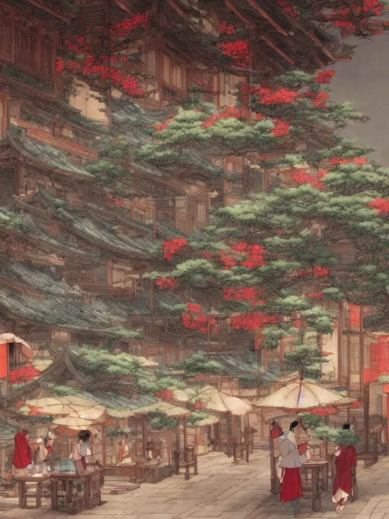 Prompt: Tea houses in ancient China are full of traffic，Epic image quality，Makoto Shinkai style