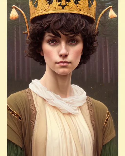 Image similar to symmetry portrait of welsh brunette princess in mans tunic, tomboy, short hair, forest, intricate, elegant, highly detailed, digital painting, artstation, concept art, smooth, sharp focus, illustration, art by artgerm and greg rutkowski and fra angelico and alphons mucha