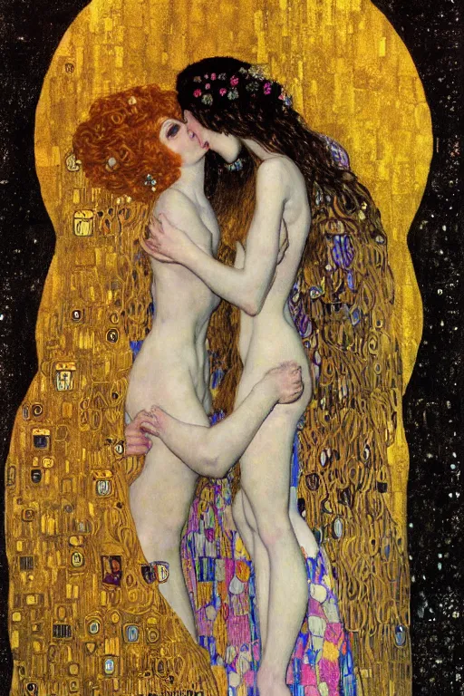 Image similar to two beautiful young gothic maidens, angel and demon, kiss, highly detailed, artstation, illustration, art by Gustav Klimt