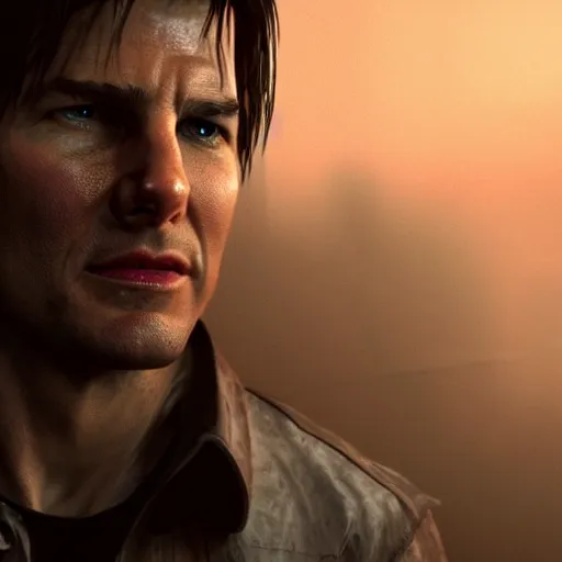 Image similar to a gaming screenshot portrait still of tom cruise in silent hill, greg rutkowski, zabrocki, karlkka, jayison devadas, phuoc quan, trending on artstation, 8 k, ultra wide angle, video game graphics, realistic unreal engine 3 d game, zenith view, cyberpunk pincushion lens effect