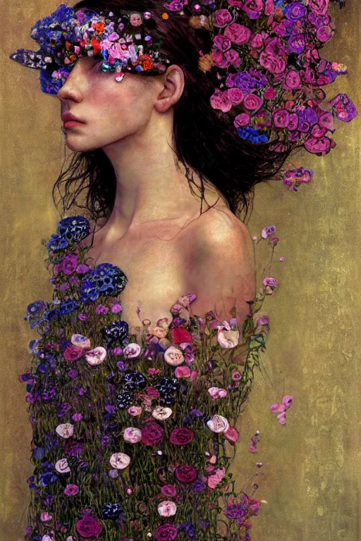 Image similar to portrait of beautiful young maiden, warhammer, cyberpunk, a lot of scars, more and more flowers, readhead, the future ages, highly detailed, artstation, illustration, art by gustav klimt, 8 k quality