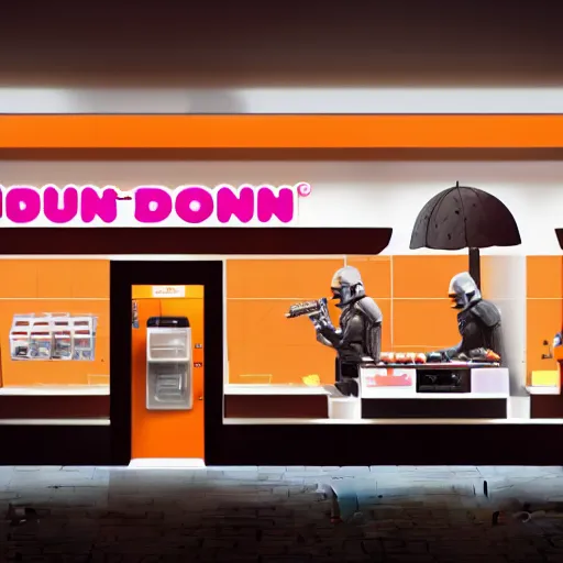 Image similar to darth vador working at dunkin donuts , 8k cinematic lighting, very sharp detail, anatomically correct